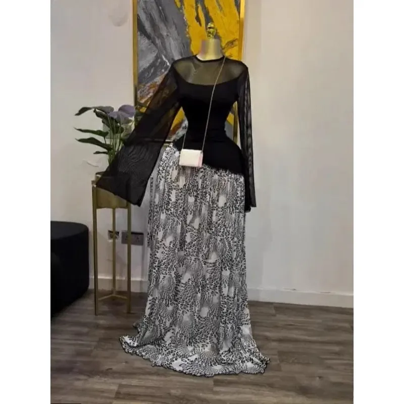 Women Mesh Print Full Sleeve O-neck Elegant Long Maxi Dress Fall Birthday Holiday Evening Sexy Party Dresses Vestidos — image 7