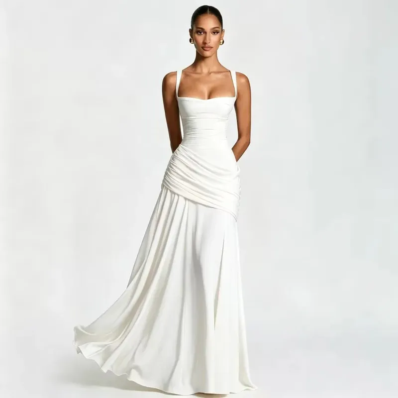 Sexy Solid Pleated Sling Dress Women Elegant Square Neck Sleeveless Waist-cinching Maxi Dresses 2026 New Summer Lady Party Robe