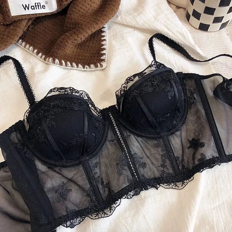 Retro Half Cup Embroidered Lace Bra & Panty Set Push Up Sexy Body Sculpting Lingerie — image 4