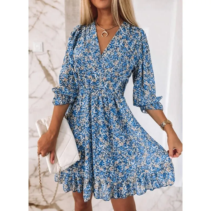 Spring Mini Dresses For Women Summer New Casual Loose Long Sleeve V-Neck Beach Sundress Ladies Short Party Dress — image 12