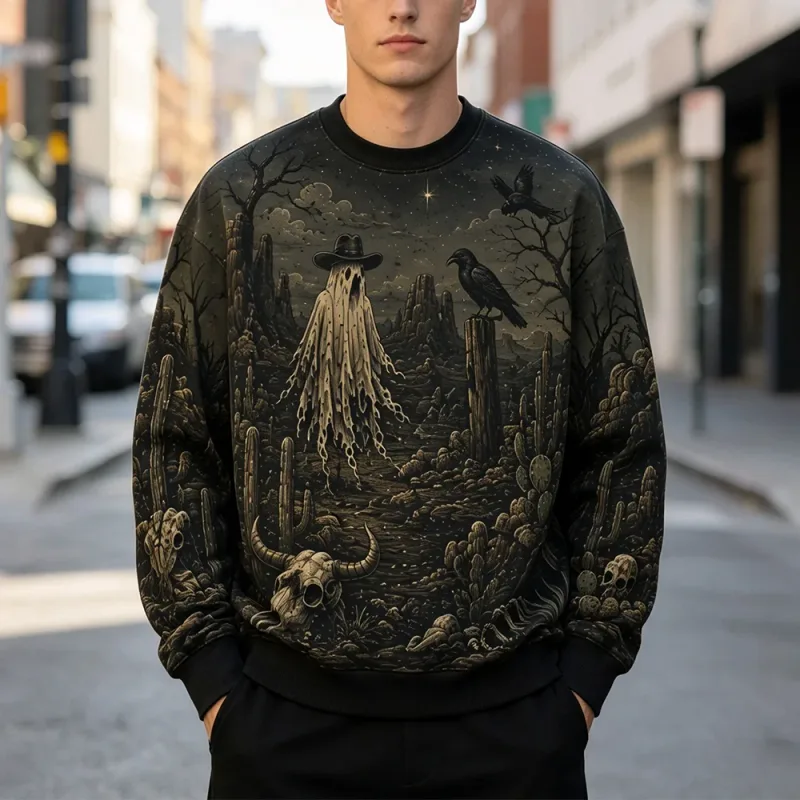 Vintage Dark Western Ghost Print Sweatshirt Desert Cactus Graphic Pullover Long Sleeve Tops Halloween Fashion Casual Streetwear — image 6
