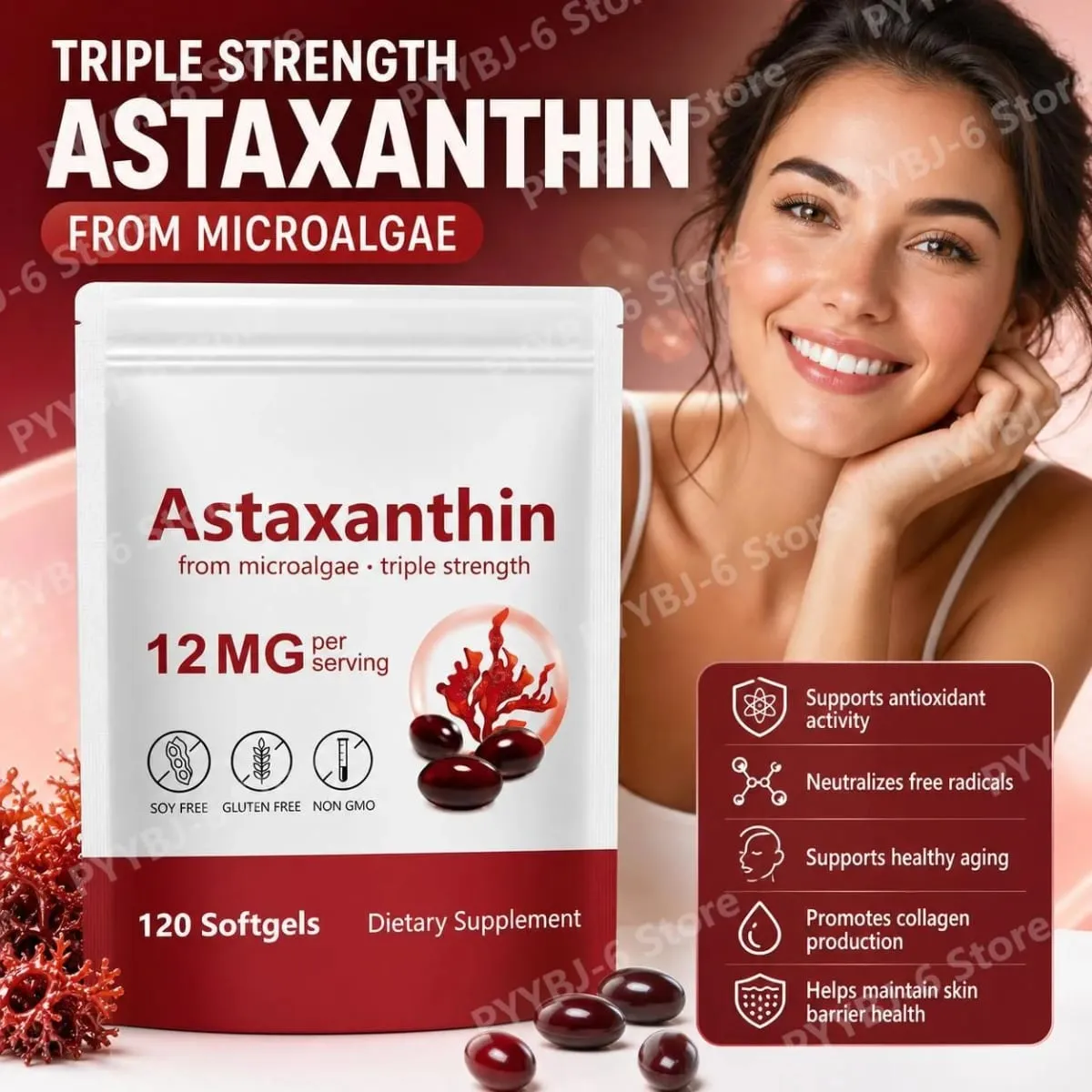Astaxanthin Softgels Triple Strength From Microalgae Supports Healthy Aging Promotes Collagen Supports Skin Barrier 120 Softgels — image 3