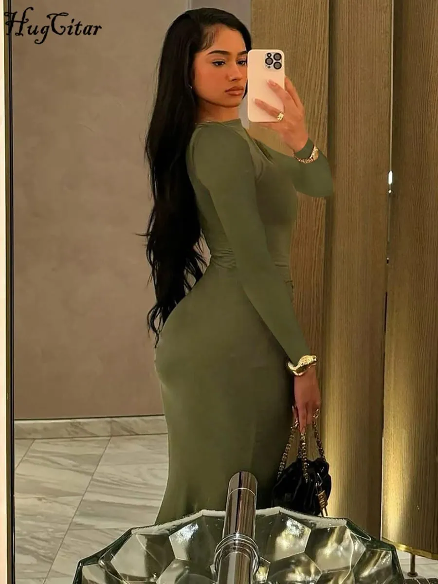 Hugcitar Musim Gugur Padat Lengan Panjang Terbungkus Bodycon Seksi Maxi Pakaian Prom Fesyen Wanita Y2K Pakaian Kelab Pesta Petang