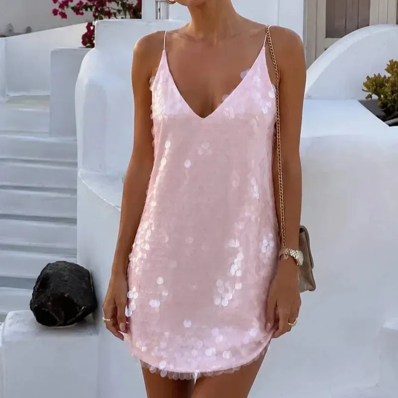 2026 Women White Sequins Mini Dress Sexy Deep V-neck Spaghetti Strap Loose Vestido New Fashion Summer Club Party Evening Dresses — image 9
