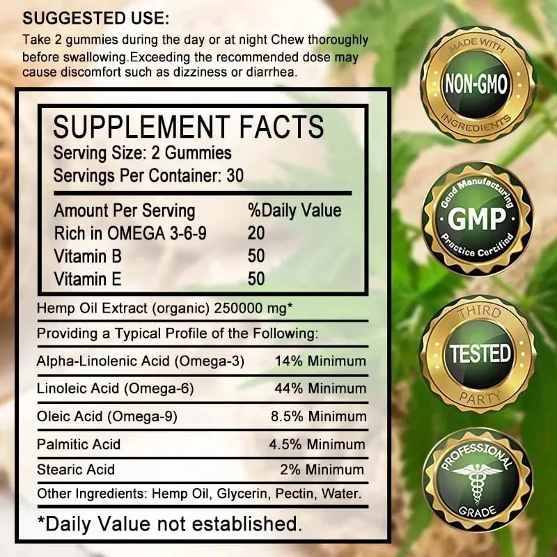 ประกอบด้วยโอเมก้า 3-6-9 วิตามิน B E Gummies - บรรเทาความเครียด การนอนหลับ อารมณ์ ผิว เล็บ โฟกัสร่วมสนับสนุนอาหารเสริมที่ไม่ใช่จีเอ็มโอ — image 6