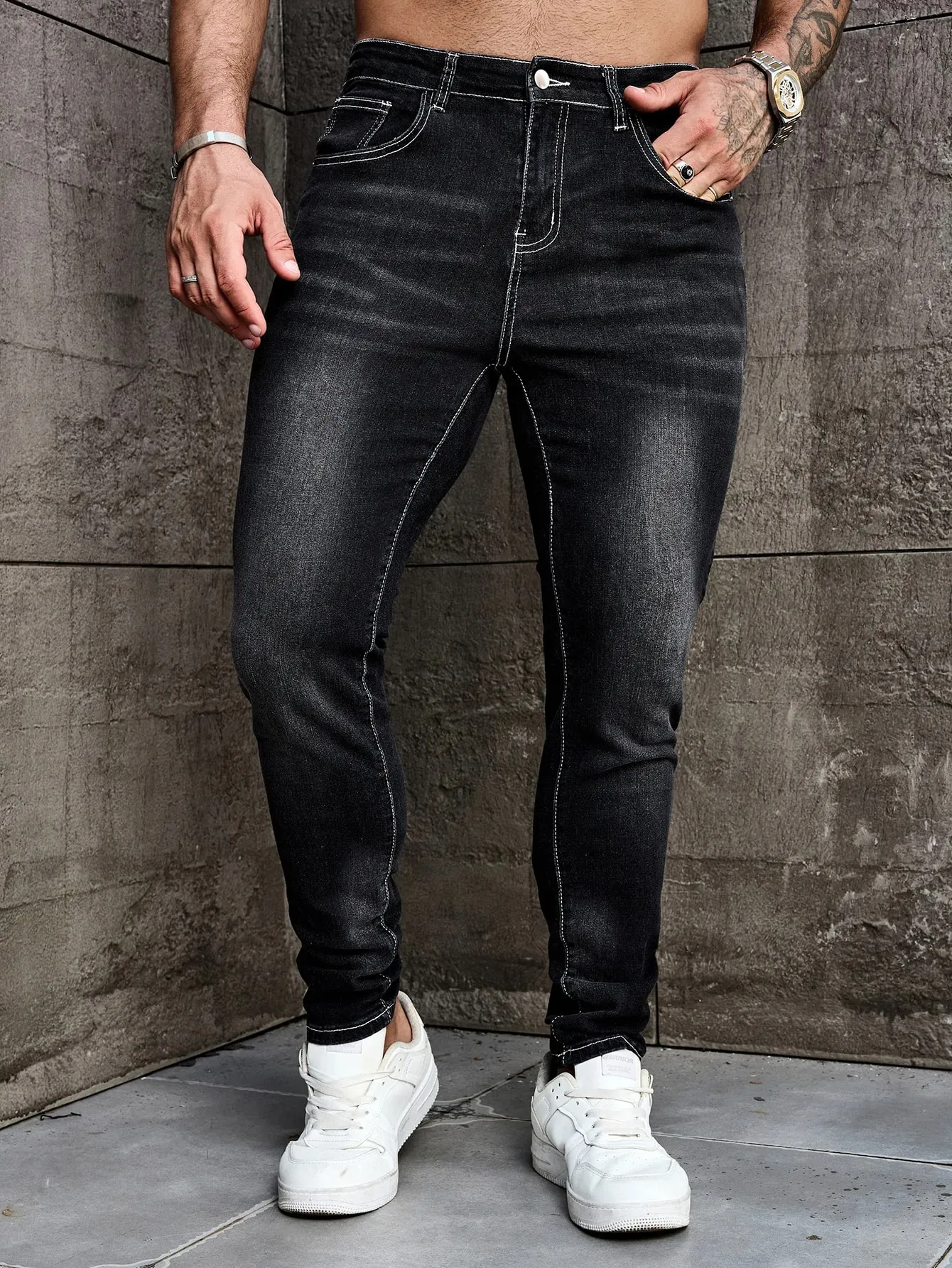 Men Jeans Denim Pants Clothing Trousers Men's Casual Black Washed Slim Fit Stretch Skinny Denim Pants — image 3