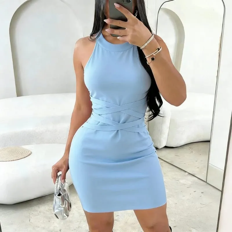 Women's Green Halter Neck Crisscross Bandage Sundress Stretchy Ribbed Knit Bodycon Mini Dress Party Clubwear Dress Outfits — image 9