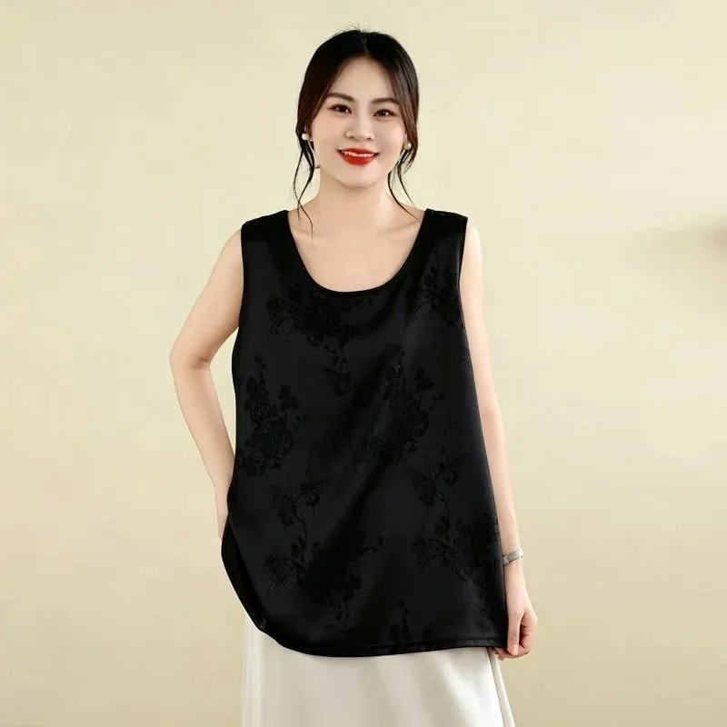 New Chinese Style Jacquard Satin Tank Top Middle Aged Women Loose U Neck Sleeveless Blouse Elegant Acetate Vest For Moms — image 4