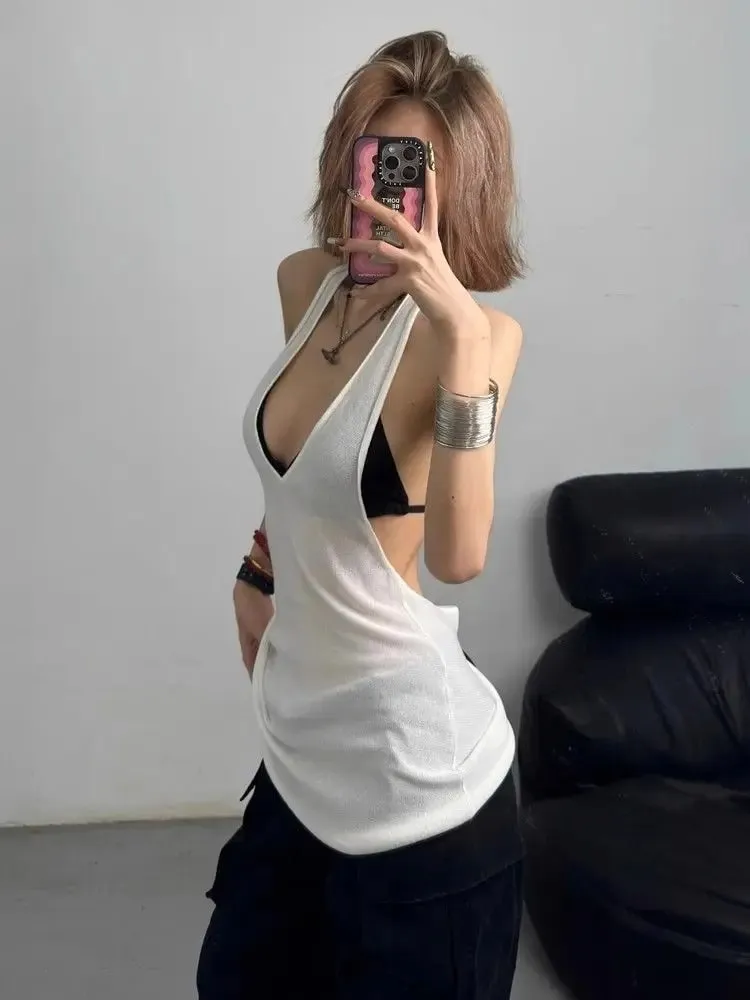 Sexy Hot Girl V-neck Knitted Halter Top for Women in Summer New Style for Outerwear Backless White Sports Slim Fit Top Trendy — image 2
