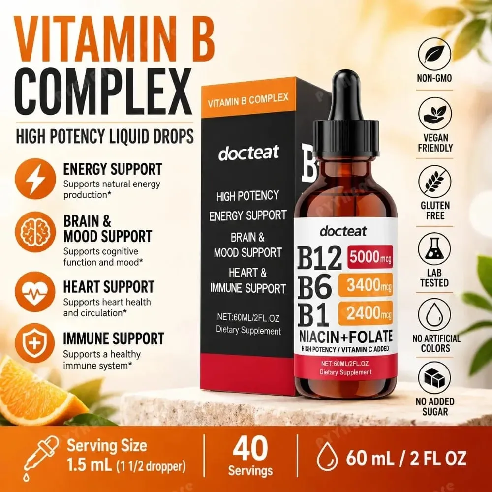 Docteat B Complex Drops 60ml High Potency B12 5000mcg Methylcobalamin Energy Brain Mood Heart Immune Support Non GMO Vegan — image 3