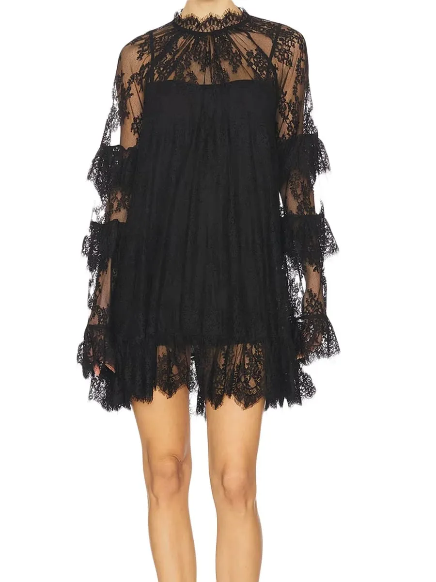 Women See Through Lace Dress Layered Flare Long Sleeve Crew Neck Ruffle Dress for Party Cocktail Club Dress Cover-ups — image 4