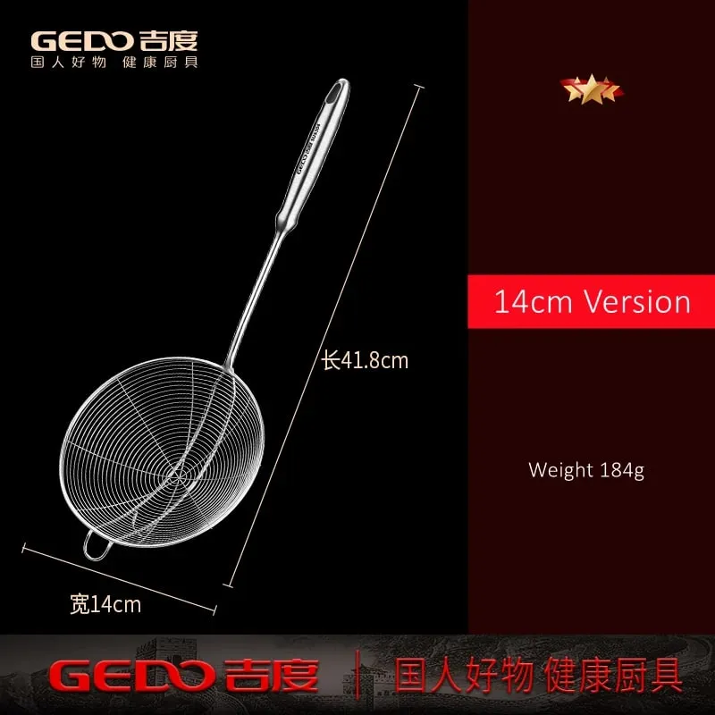 LFGB Certification 304 Stainless Steel Kitchen Cooking Colander Ultra Durable Wire Sieve 14~18cm Diameter Frying Scooping Tool