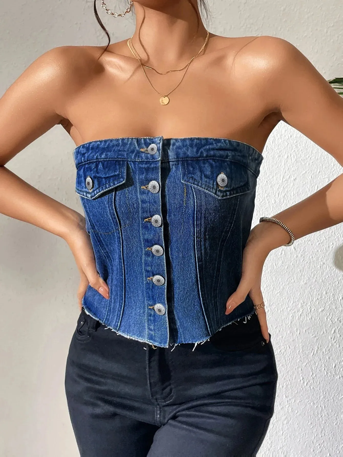 Denim Strapless Top Women Sleeveless Crop Tops Sexy Backless Single Breasted Washed Distressed Streetwear Y2k Camis Tanks Summer — image 9