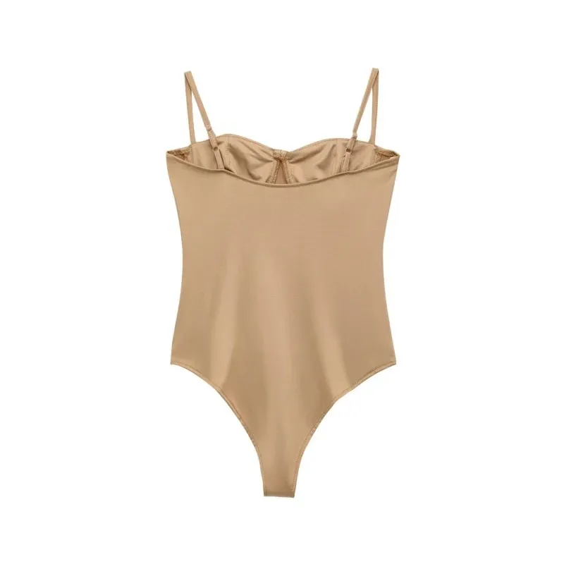 2026 Sexy Underwire Spaghetti Strap Bodysuit for Women – Spring Summer Slimming Bodycon Daily Outfit with Flare Jeans