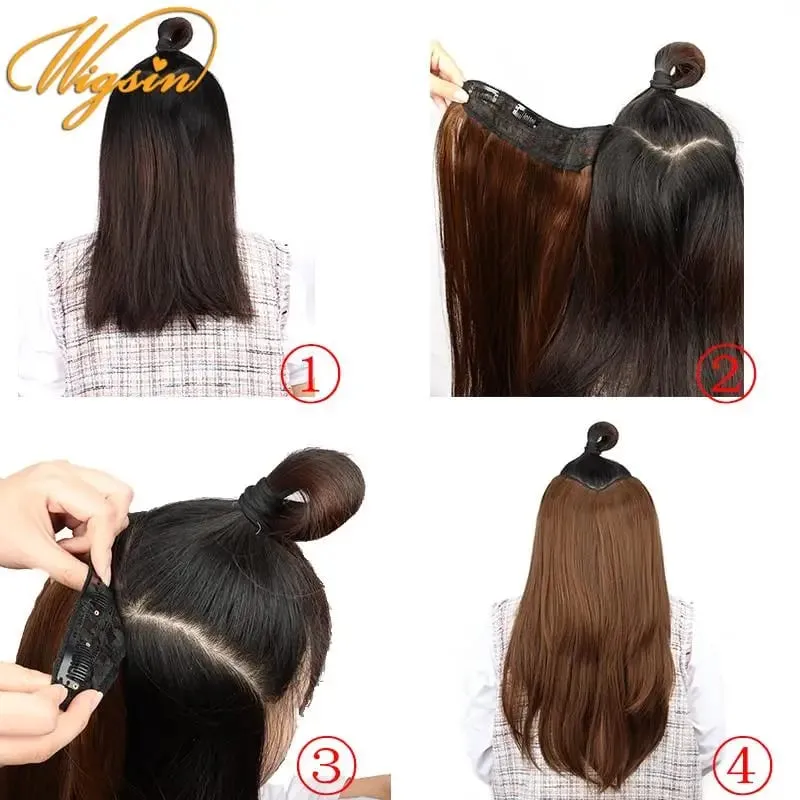 Synthetic 55cm V-shaped Layered 4 Clips Long Straight Hair Extension Natural Invisible Hairpiece Wig for Women — image 6