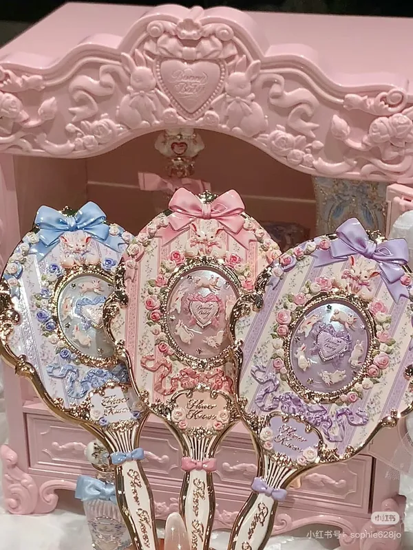Flower Knows Handheld Makeup Mirror Midsummer Night Strawberry Cupid Bunny Garden Relief Pattern Limited Color Makeup Tool Kit — image 2