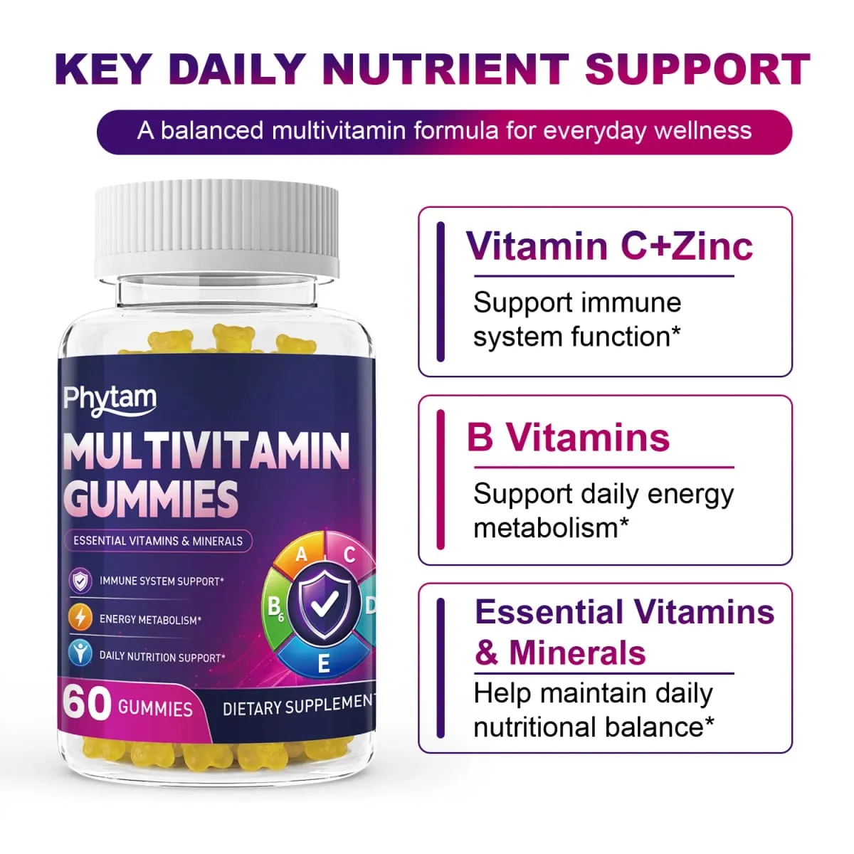 Adult Multivitamin Bear Gummies 14 in 1 Vitamins Minerals Complex Vitamin C Zinc B D Energy Metabolism Immune Daily Nutritional Support 60 Counts