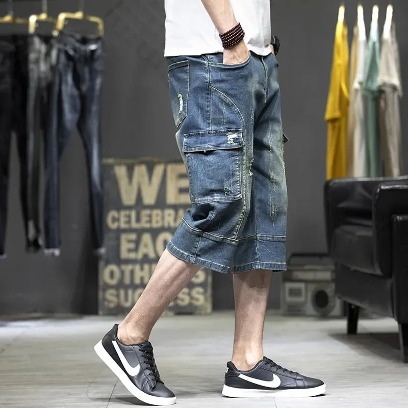 Cargo Man Denim Shorts Knee Length Half Long Bermuda Short Jeans Pants for Men with Pockets Blue Luxury Jorts Thin Streetwear — image 2