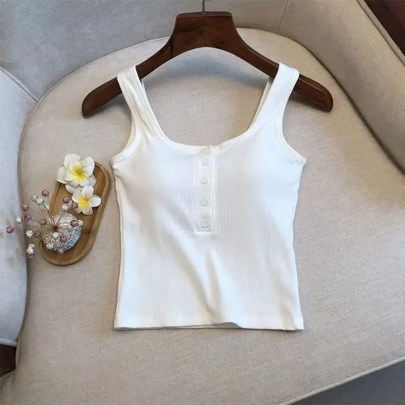 1Pcs Women's Ribbed Henley Tank Top Square Neck Button Front Built-in Bra Sleeveless Camisole — image 3