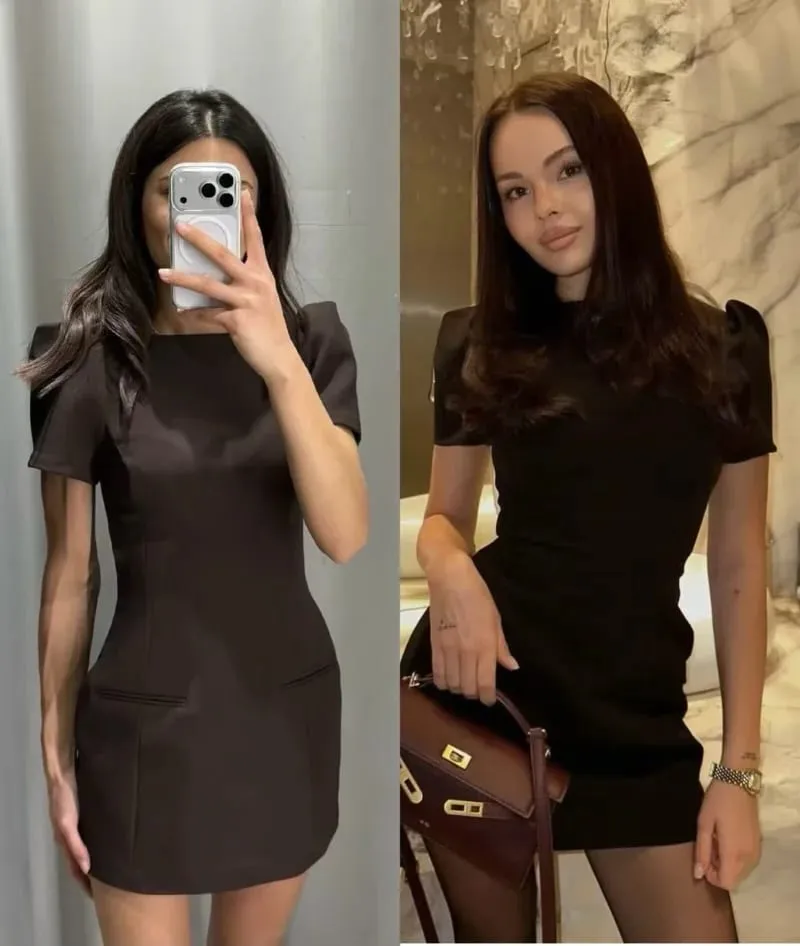 ETJ 2025 women's new products are elegant and stylish Short dress with a boat neck and short sleeves with pleats black dress — image 2