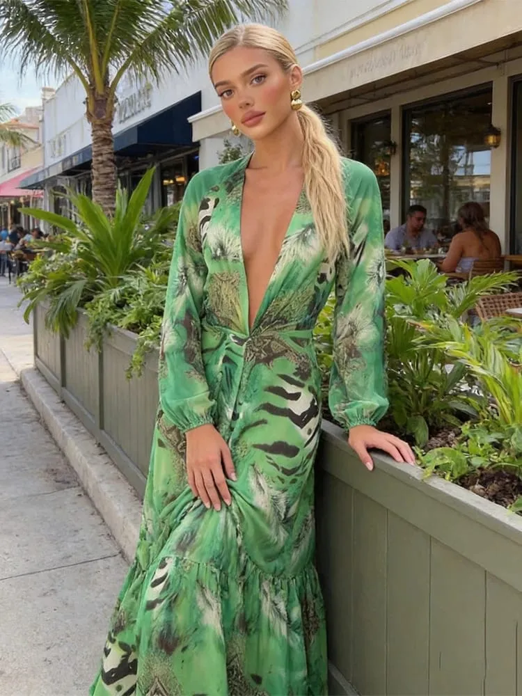 Women Green Tie Waist Long Sleeve Maxi Dress Deep V Lantern Sleeve Flowy Vacation Gown 2026 Seaside Street Holiday Party Outfit — image 4
