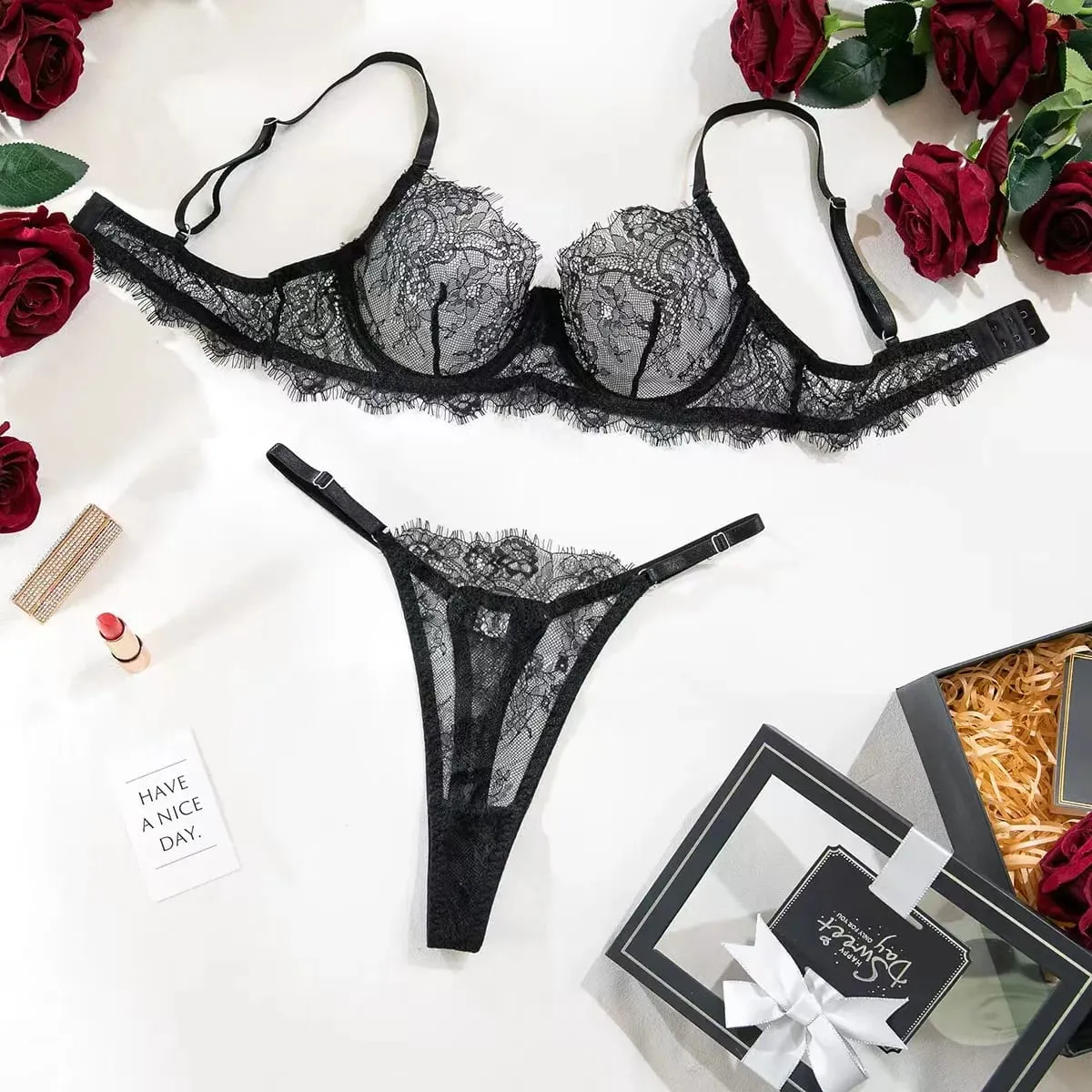 Sheer Lace Lingerie Set Women Floral Pattern Thin Straps Romantic Underwear — image 2
