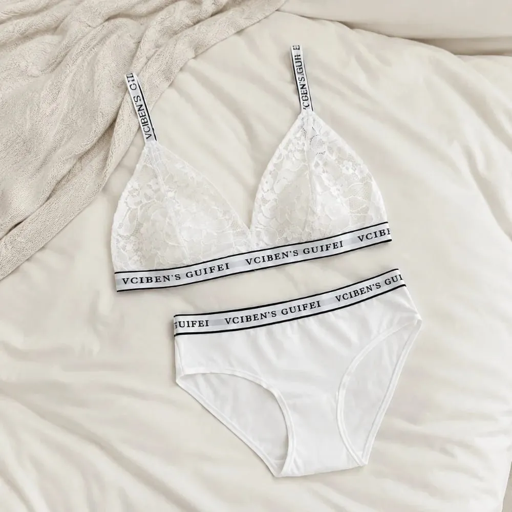 Set Lingerie Desain Huruf Nyaman Pakaian Dalam Wanita Nirkabel V Dalam Setelan Celana Dalam Bra Pemblokir Warna Renda Set Anak Perempuan — image 2