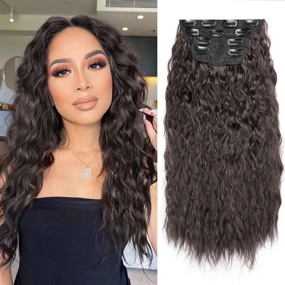 4PCS set Clip in Hair Extensions Natural Black Corn Wavy 20'' Long Curly Thick Synthetic Hairpieces for Women Girls Daily Party — image 8
