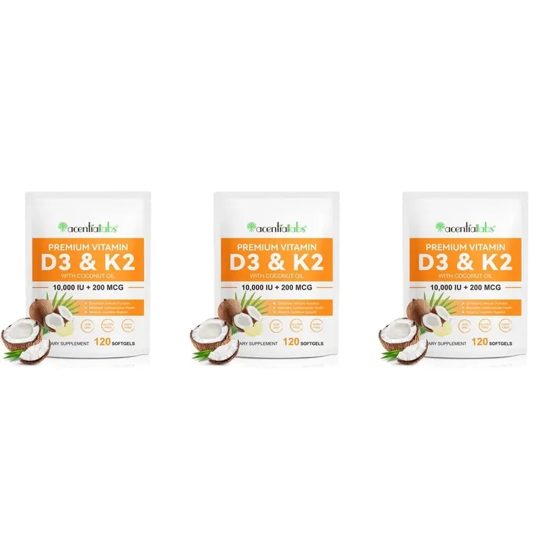 AcentiaLabs Vitamin D3 & K2 Softgels with Coconut Oil Immune Function and Bone Support Gluten Free Non-GMO 120 Softgels — image 9