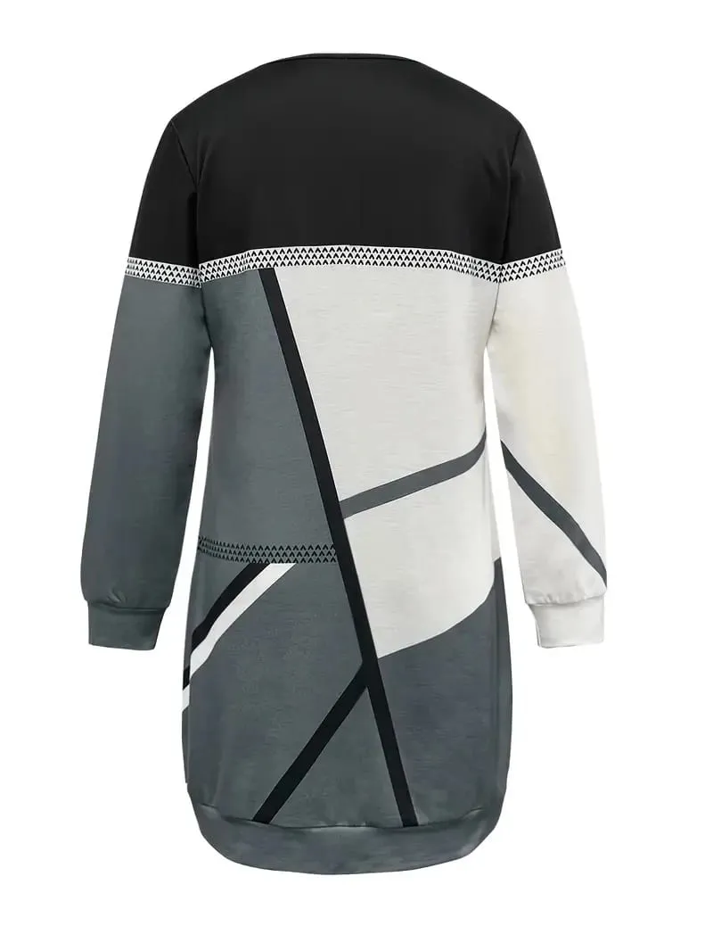 Women's Spring and Autumn Geometric Pattern Print Long Sleeve Round Neck Dress — image 2