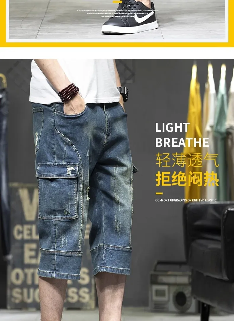 Cargo Man Denim Shorts Knee Length Half Long Bermuda Short Jeans Pants for Men with Pockets Blue Luxury Jorts Thin Streetwear — image 9