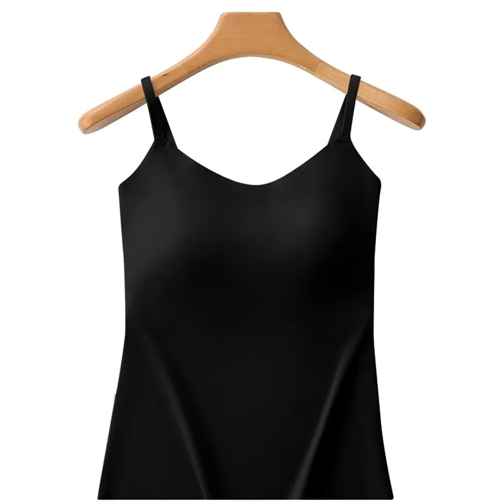 M-XL Summer Ice Silk Camisole Top With Build-in Bra Women Plus Size Long-Length Tank Tops One-Piece Slimming Tanks Bra Underwear