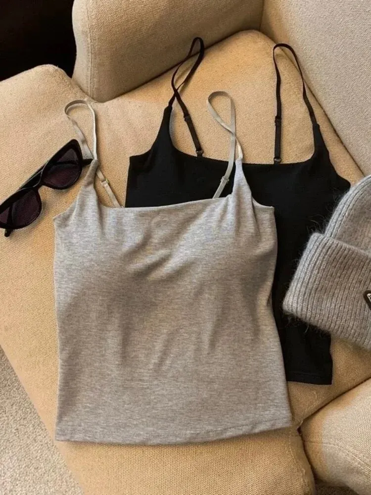 Slimming Summer Outerwear Inner Wear Camisole Tank Top Women Simple Sling Strap Vest With Chest Pad For Girls