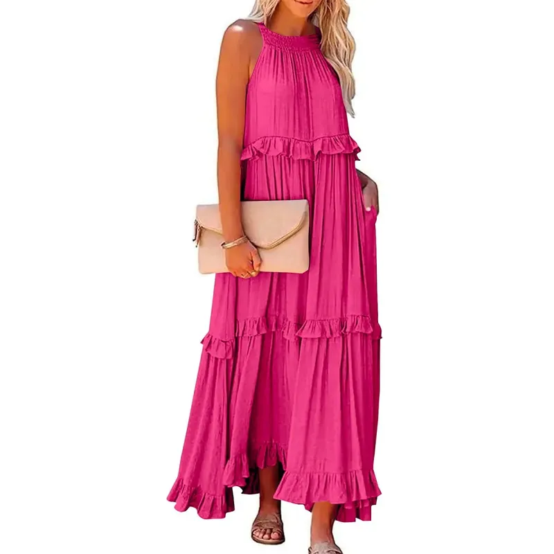 Women Casual Solid Ruffles Long Dress Summer Elegant Sleeveless Sundress Elegant Harajuku Maxi Dress Beach Party Evening Vestido — image 18