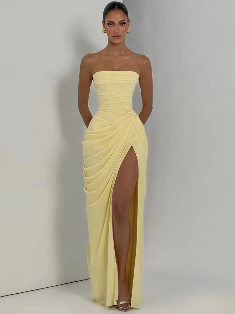 Mozision Chiffon Off-shoulder Strapless Sexy Maxi Dress Women Elegant Sleeveless Backless High Split Ruched Club Party Dress — image 5