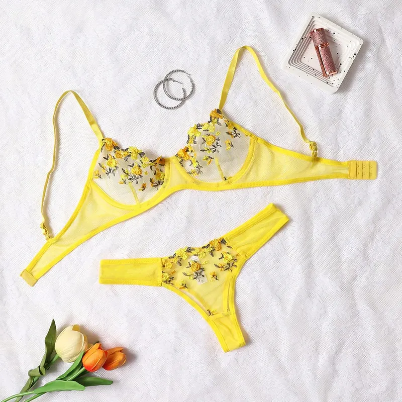 Women Sexy Lace Lingerie Push Up Lingerie Bra And Panty Sets Female Underwear Flower Embroidery Bralette Set