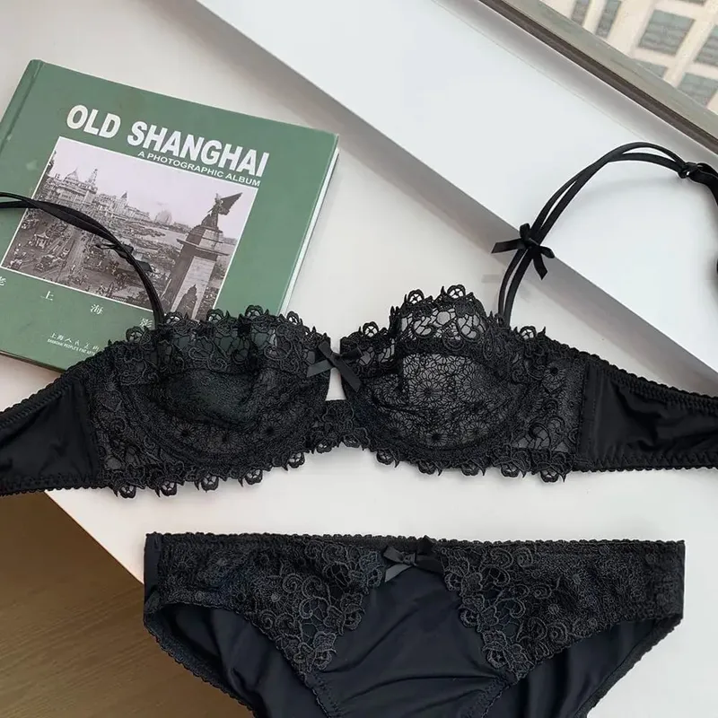 Sexy Lace Bra Set for Women Plus Size Half Cup Sheer Ultra Thin Nipple Concealed Erotic Lingerie Push Up Comfort Underwear Set — image 10