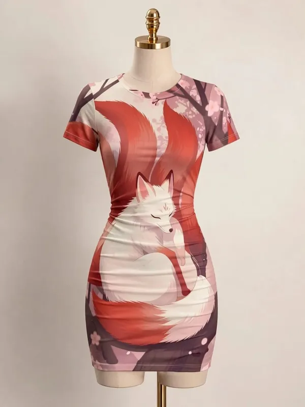 Womens Short Sleeve Bodycon Mini Dress Slim Fit Crew Neck Floral Print Casual Summer Party Cute Trendy Flattering Party Sundress — image 8