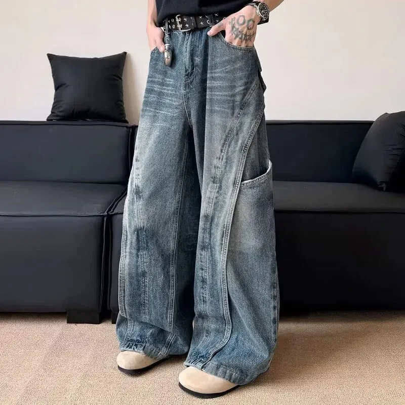 Korean Version Men'S Curved Knife Jeans With Loose Retro Design Straight Leg Pants Casual Large Pocket Wide Leg Pants — image 8