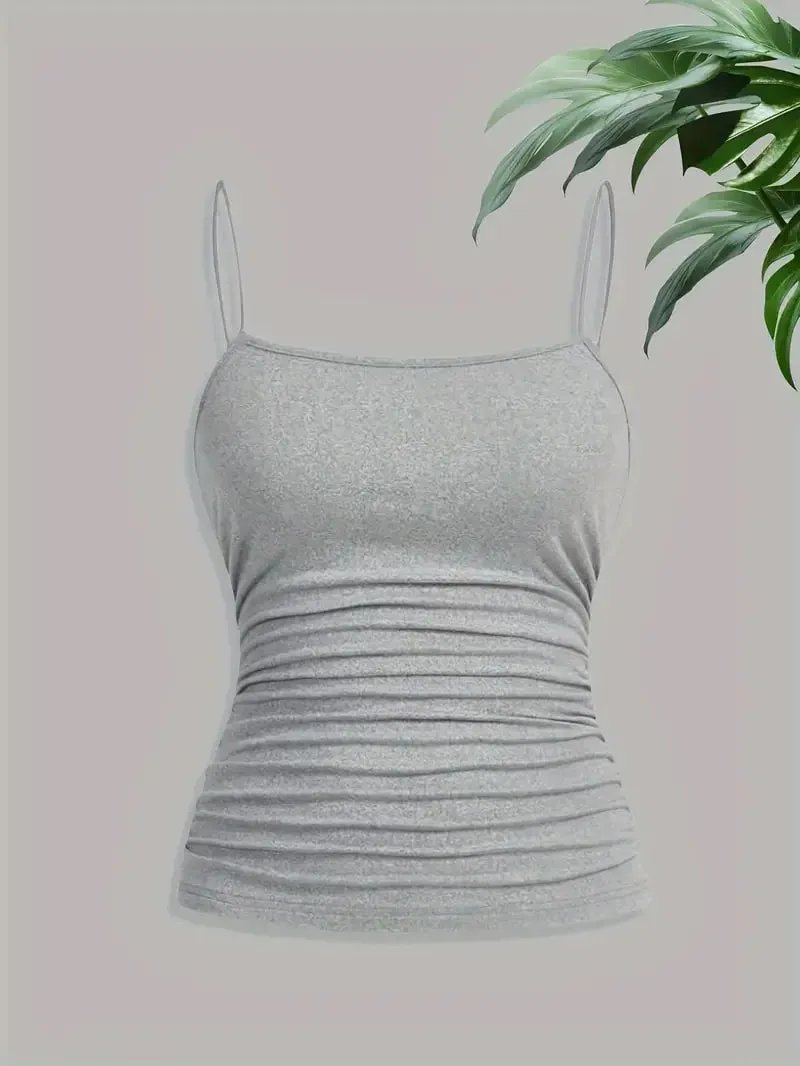 Women Elegant Thin Strap Ruched Cami Top Slim Fit Sleeveless Camisole Soft Stretch Basic Tank Vest Summer Fashion Underwear Blac — image 8