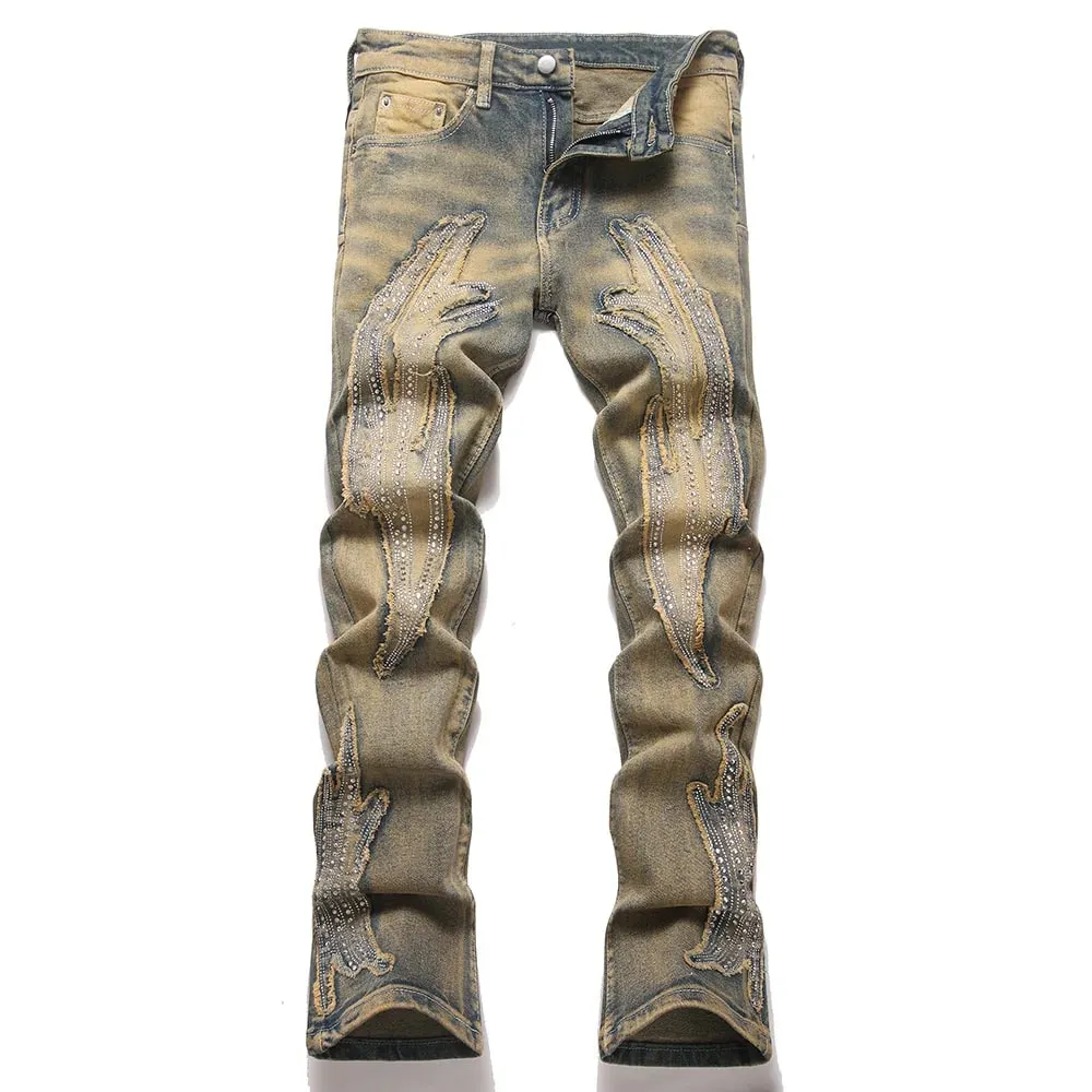 Men's Crystal Patch Denim Jeans Streetwear Rhinestone Boot Cut Pants Vintage Retro Blue Slim Flared Trousers