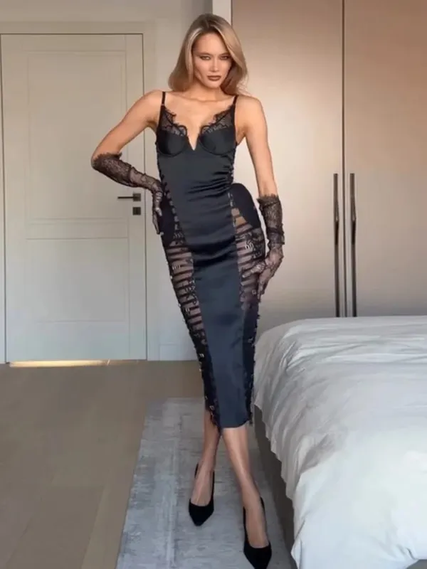 Women's Fashion Satin Lace Patchwork Mini Dress Sexy Deep V Openwork Waist-cinching Dresses Summer Female Vacation Party Gowns — image 8