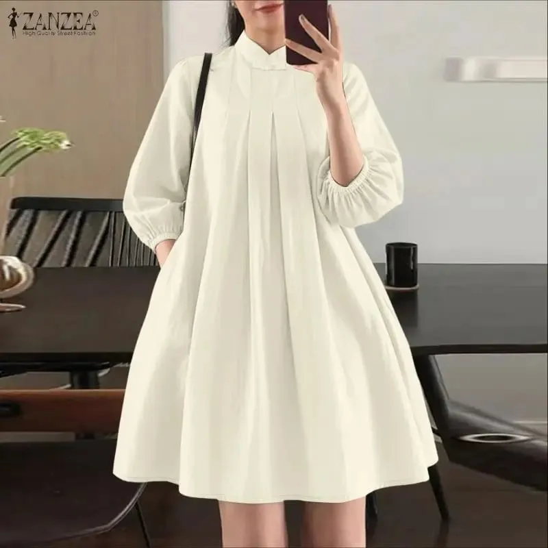 Summer Women's Elegant Pleated Dresses Stand Collar 3/4 Puff Sleeve Crinkled A-Line Knee-Length Dress Casual Robes Femme — image 1