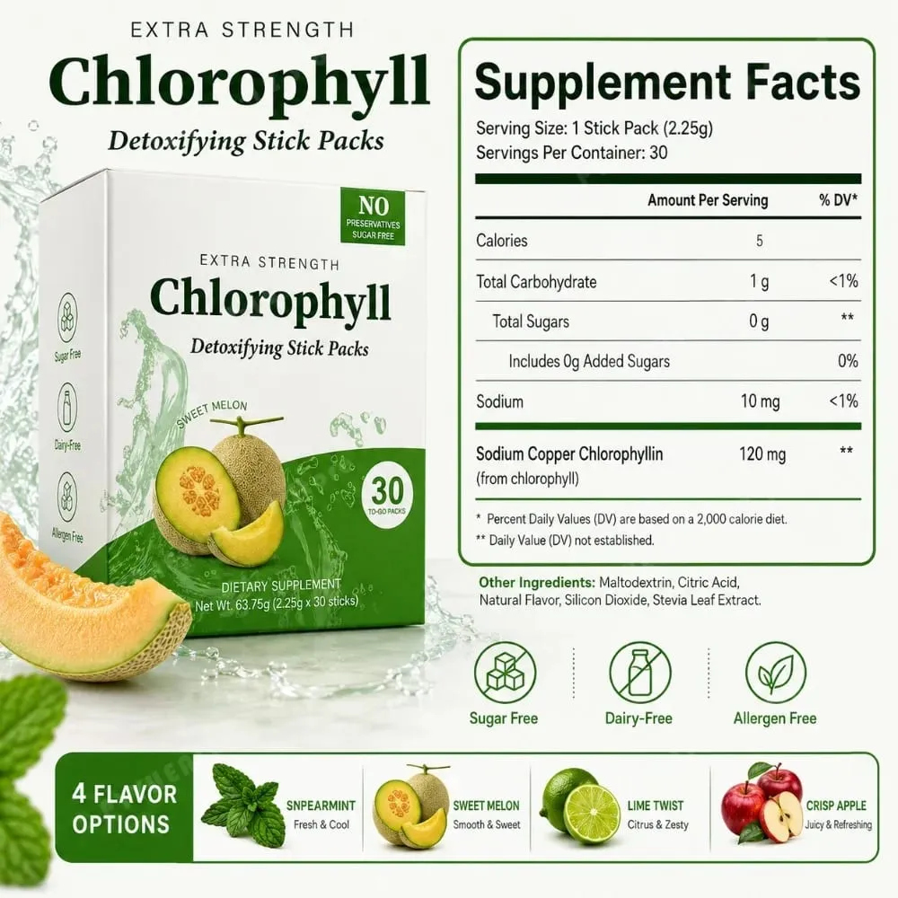 Chlorophyll Chlorophyllin 120mg Detox Stick Packs 30ct Sugar Free Prebiotic Gut Health Daily Support Non GMO Keto Supplement — image 5