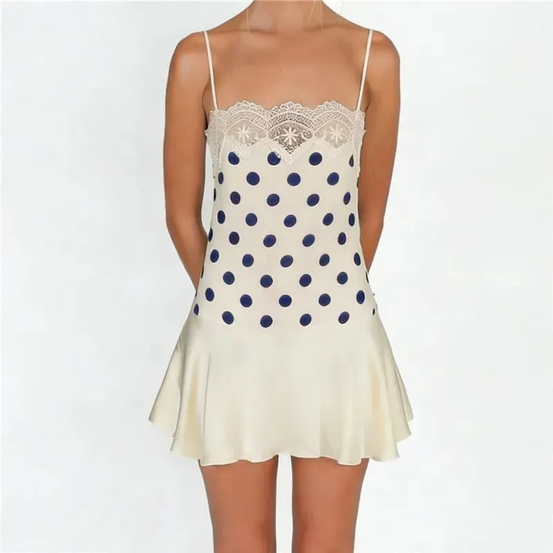 Women Y2K Polka Dot Cami Dress Lace Trim Spaghetti Strap Satin Ruffle Hem Bodycon Mini Dress Summer Casual Streetwear — image 7