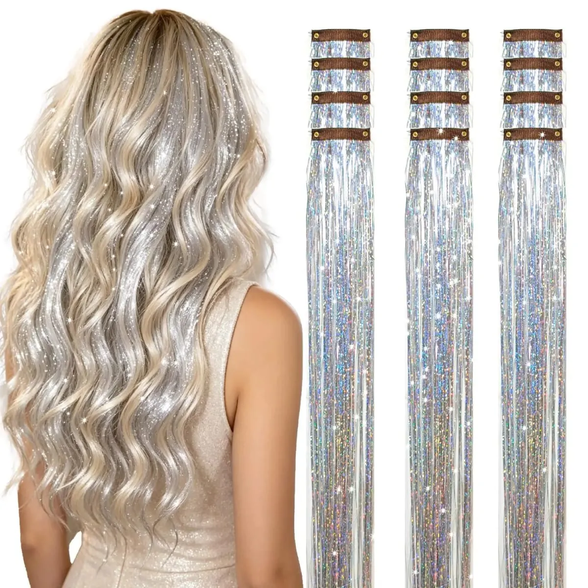 12 Pcs Clip in Hair Tinsel Sparkly Glitter Fairy Hair Extensions Shiny Hair Accessories For Girls Women Kids Party Festival