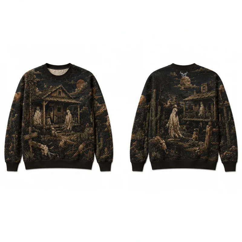 Vintage Dark Western Ghost Print Sweatshirt Desert Cactus Graphic Pullover Long Sleeve Tops Halloween Fashion Casual Streetwear — image 3