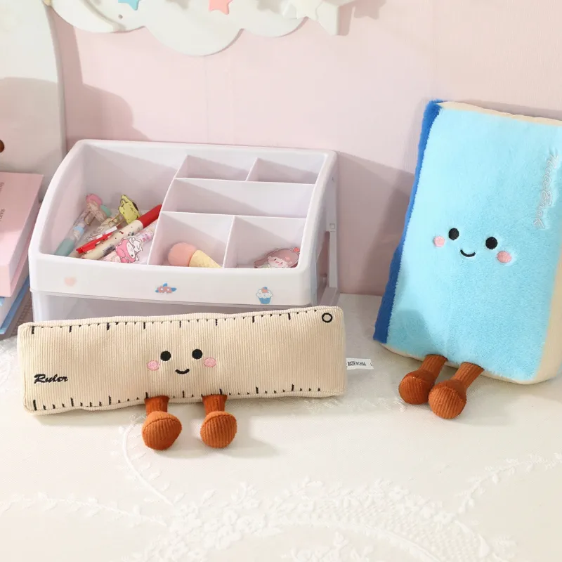 1pc Stationery Plush Toy Smiling Kawaii Face Pencil Book Ruler with Legs Humanoid Doll Decor Plushie Birthday Gift — image 3