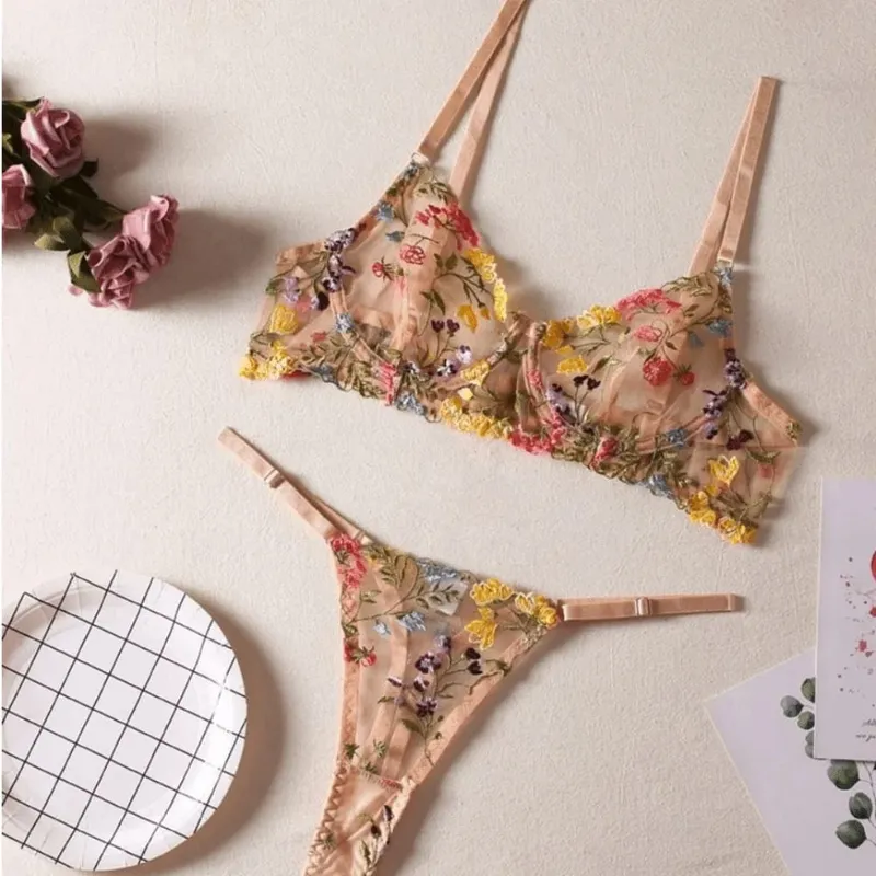 2-Piece Versatile Floral Lingerie Set Embroidery Sheer Boho Bra Panty Set Women Underwear — image 8