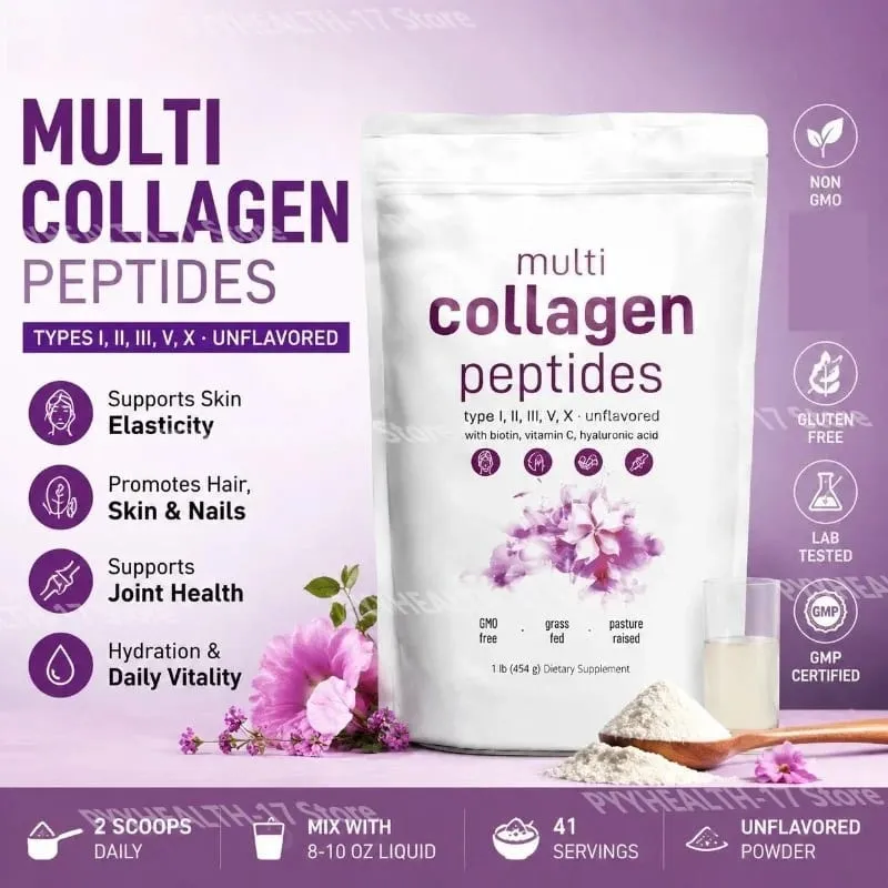 Multi Collagen Peptides Powder Type I II III V พร้อมไบโอตินวิตามินซีและกรดไฮยาลูโรนิกรองรับผิวผมเล็บสำหรับผู้ชายผู้หญิง — image 1